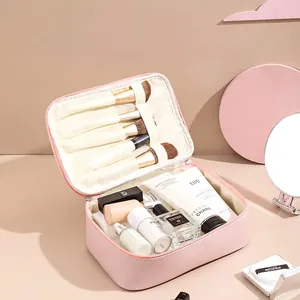 Pink portable PU leather makeup bag with large capacity and inner compartments