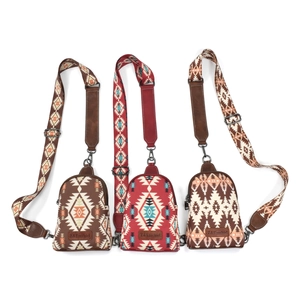 Three bohemian canvas crossbody bags in dark brown, red, and light tan with patterns