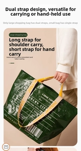 Detail of green woven shopping bag featuring double straps and Modern Life graphic print
