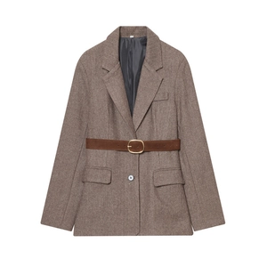 Women's Vintage Herringbone Acrylic Blazer Jacket With Belt Elegant Single Breasted Long Sleeve Commute Outerwear Top