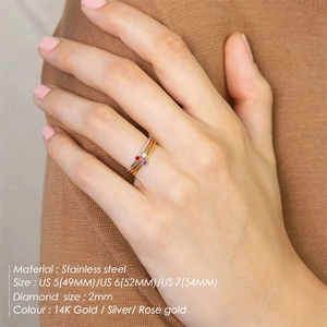 Three-piece stainless steel stacking rings set with colorful 2mm round rhinestones