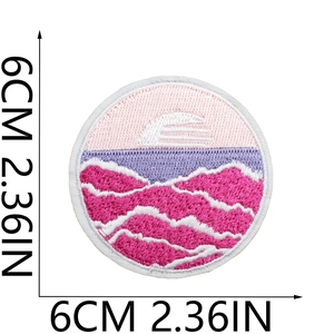 Pink wave embroidery patch 6cm round iron-on badge for clothing with white stitched edge