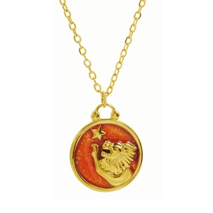 Golden Leo zodiac round pendant necklace with orange enamel and star for women