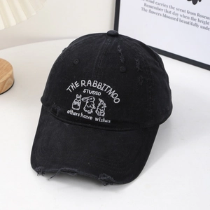 Black vintage distressed baseball cap with rabbit embroidery and wide brim for women