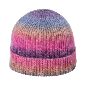 Rainbow gradient knit beanie with tie-dye patterns and warm brushed texture for winter
