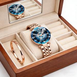 Detail view of rose gold watch and minimalist bracelet in a velvet jewelry box