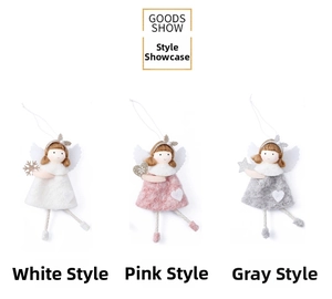 Detailed view of handmade plush Christmas angel ornaments in white, pink, and gray colors