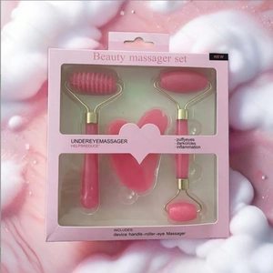 Pink quartz beauty massager set with facial roller and Gua Sha tool in premium gift box