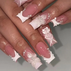 Faux Ongles Faits À La Main Forme Carrée Longue Rose Blanc Français Avec Fleurs 3D Künstliche Perles Nœuds Conseils Pour Manucure Femme