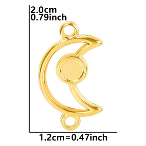 Golden crescent moon pendant connector showing dimensions 2.0x1.2cm for jewelry making