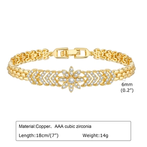 Detailed view of flower-shaped copper bracelet with heart links and AAA cubic zirconia