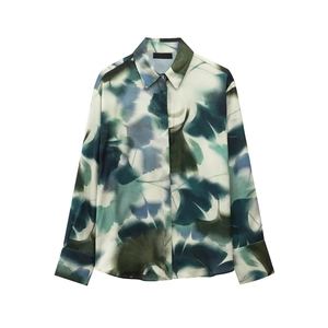 Chemise En Satin À Manches Longues Pour Femmes Imprimé Abstrait Boutonné Col À Revers Blouse Artistique Élégante Soyeuse