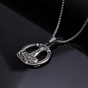 Vintage Thor's Hammer Mjolnir pendant necklace in antique silver finish stainless steel