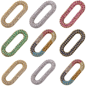 Detailed macro view of 9 oval zircon micro-pave connectors in gold and silver finishes