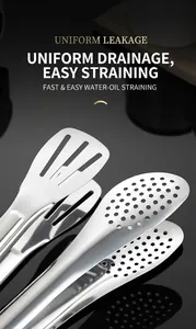 Detail of stainless steel steak tongs featuring mirror polish and uniform leak holes