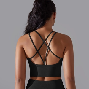Detailed back view of black seamless yoga bra with criss-cross straps and ribbed texture