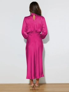 Detailed back view of a satin midi dress showing a keyhole cutout and elegant drapes