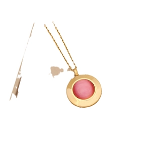 Retro stainless steel necklace with gold chain and round pink cat-eye stone pendant