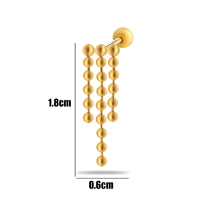 Detailed view of golden beaded tassel earrings measuring 1.8cm high and 0.6cm wide