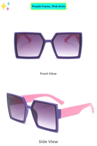 Detail view of square kids sunglasses with purple frames and pink contrast temples