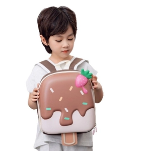Cartoon ice cream shaped hardshell backpack for kids featuring pink strawberry details