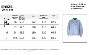 Detailed size chart for solid color loose fit polo collar jacket with precise measurements