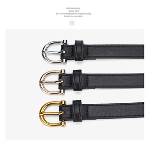 Three minimalist black PU belts featuring silver, rose gold, and gold horseshoe buckles