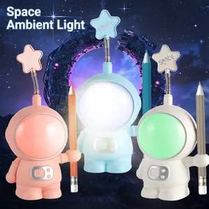 Cartoon astronaut LED desk lamp with pen holder and colorful night light in three colors