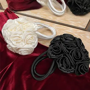 Exquisite 3D satin rose flower evening handbags in black and white with metal ring handles