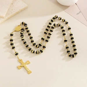 Stainless Steel 18K Gold Plated Religious Rosary Crucifix Necklace For Unisex Fashion Jewelry Cross Beaded Pendant Chain