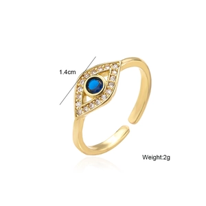 18K gold plated evil eye open ring with blue zircon center stone, 1.4cm height