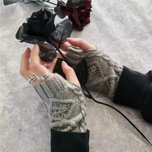 Guantes de punto gris sin dedos para mujer, calentadores de brazo cálidos para invierno