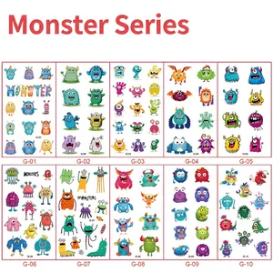 Close-up of waterproof cartoon monster temporary tattoo stickers in ten varied designs