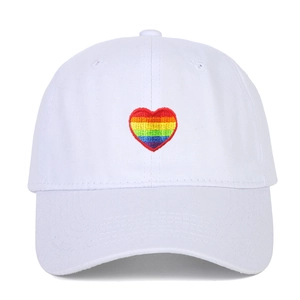 White cotton baseball cap with rainbow heart embroidery, classic adjustable sun hat for adults