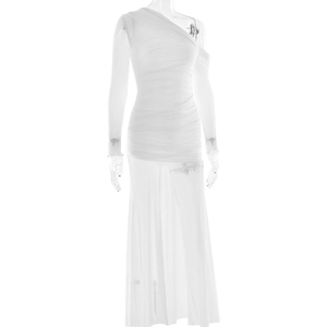 Detail of white one-shoulder mesh dress featuring ruched design and slim fit long sleeve