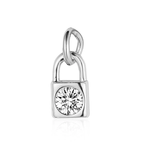Close-up of a silver padlock pendant with a sparkling centered diamond and a top jump ring