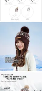 Detail view of thickened knit trapper hat with faux fur pom and windproof earflaps
