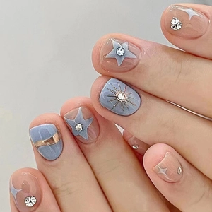 Press On Nails Star Rhinestone Sunburst Pattern Glitter Short Length Ins Style Sweet Elegant For Women