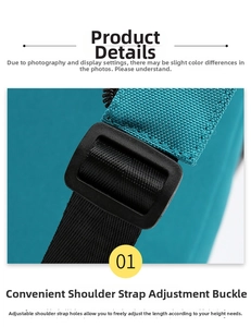 Detail of adjustable black strap with buckle on teal synthetic fabric sling bag