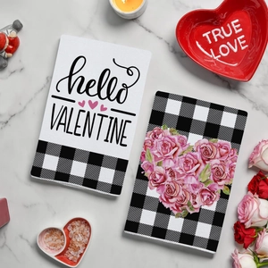 Valentine's Day kitchen towels with rose heart patterns and black white buffalo plaid