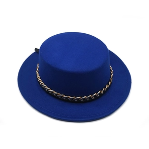 Detailed top view of a dark blue wool boater hat featuring a stylish gold chain band