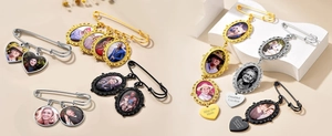 Custom photo memory brooches in gold silver and black metal with diverse charms