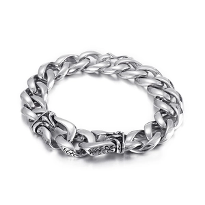 Mens silver stainless steel Cuban chain bracelet with vintage dragon pattern buckle