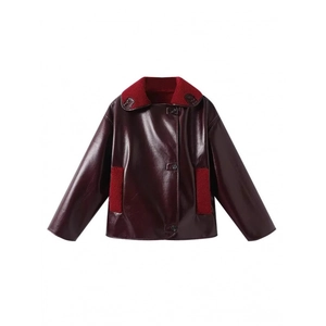 Women PU Leather Jacket Faux Shearling Lined Wine Red Lapel Single Breasted Warm Winter Outerwear Streetwear