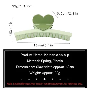 Sweet heart-shaped large hair claw clip in light green for thick hair styling, 13cm