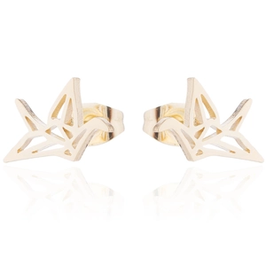 Elegantes pendientes de botón de grulla de origami dorada para mujer en metal pulido