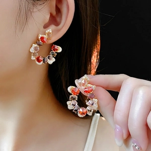 Luxury vintage U-shaped earrings with colorful zircon stones in a gold-plated finish