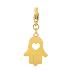 Pendentif Main de Fatima doré avec cœur ajouré et fermoir mousqueton sur fond blanc