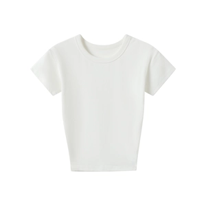 Close-up of a white crew neck short sleeve sports t-shirt with slim fit modal fabric