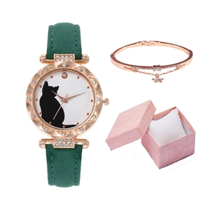 Women's emerald quartz watch set with kitten dial, rose gold star bracelet and gift box